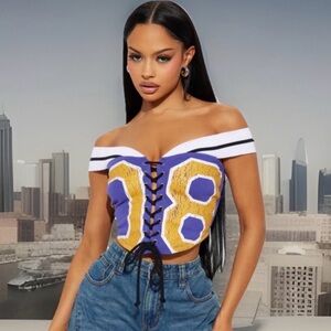 Fashion Nova Off Shoulder Game Day Corset Top Tie Front 08 Graphic